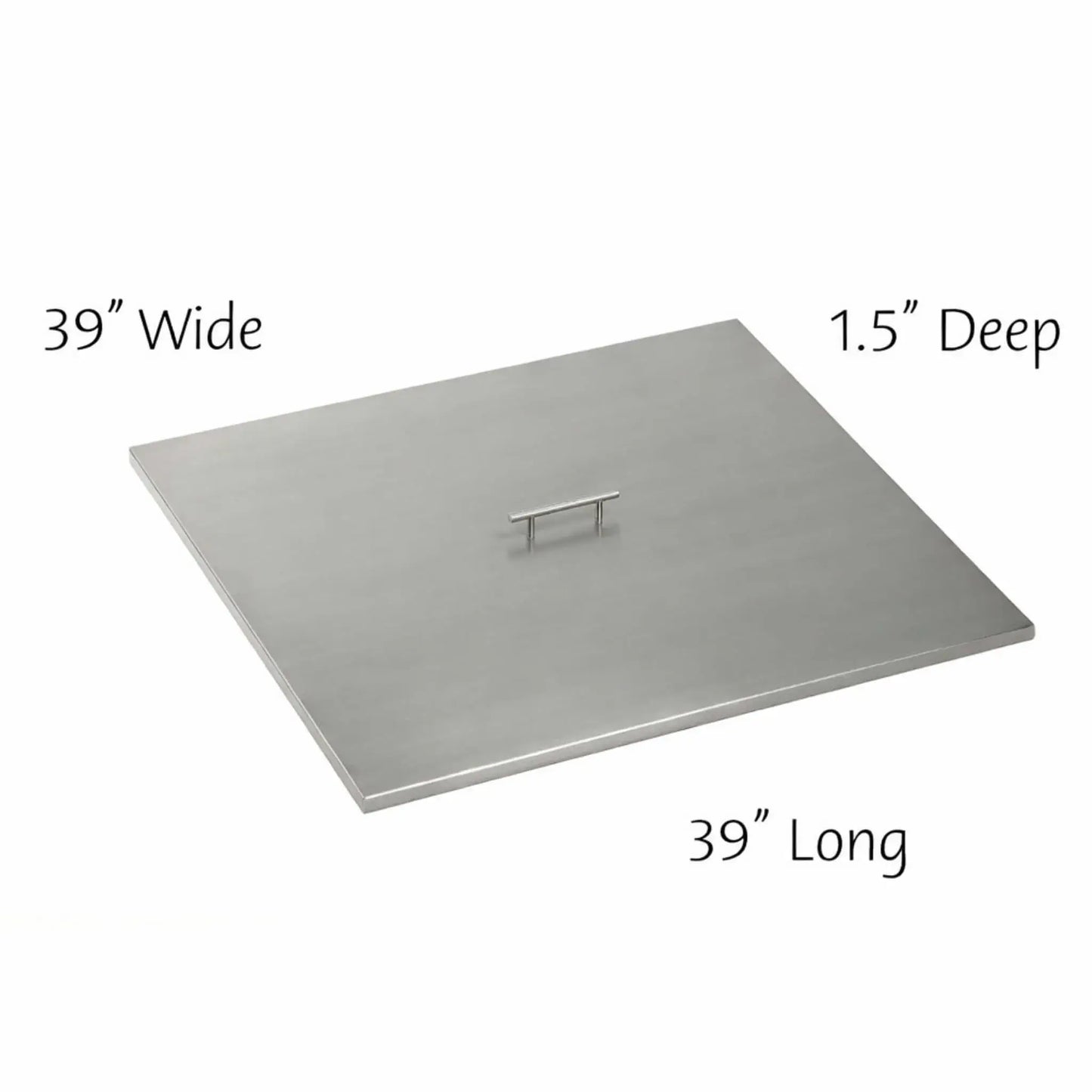 Extra-large 39 x 39 inch square stainless steel burner cover with flat edges and center lift handle, providing full coverage for oversized outdoor fire pit burners.