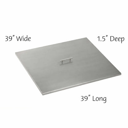 Extra-large 39 x 39 inch square stainless steel burner cover with flat edges and center lift handle, providing full coverage for oversized outdoor fire pit burners.