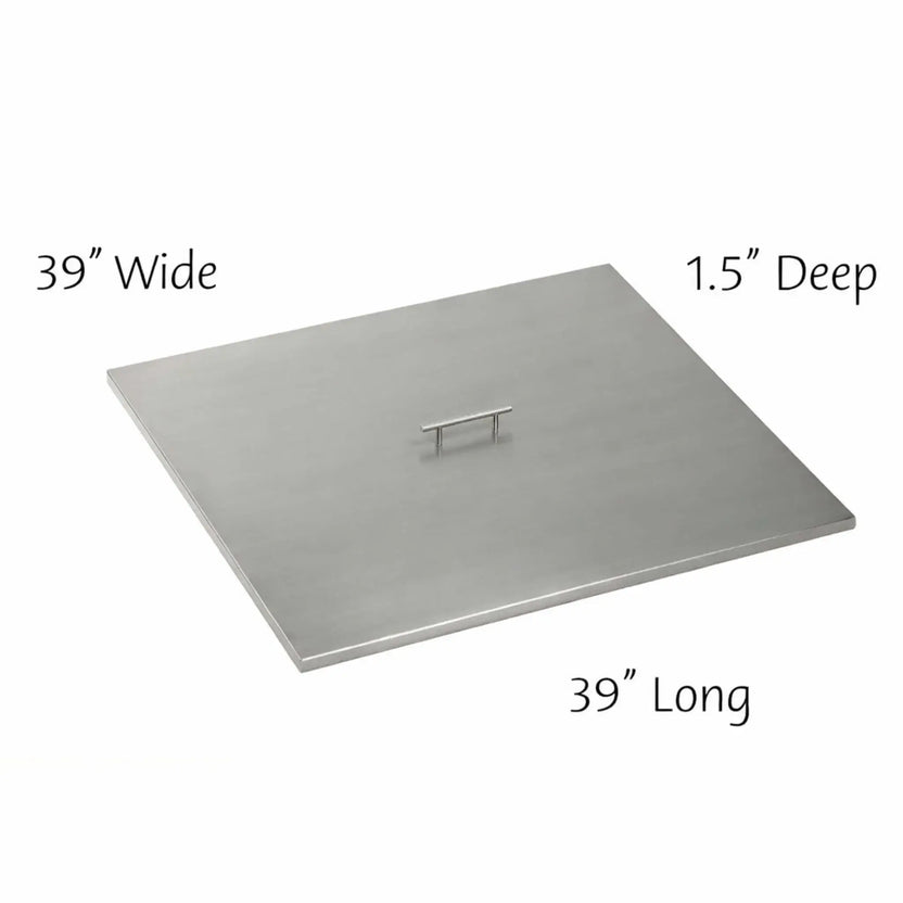 Extra-large 39 x 39 inch square stainless steel burner cover with flat edges and center lift handle, providing full coverage for oversized outdoor fire pit burners.