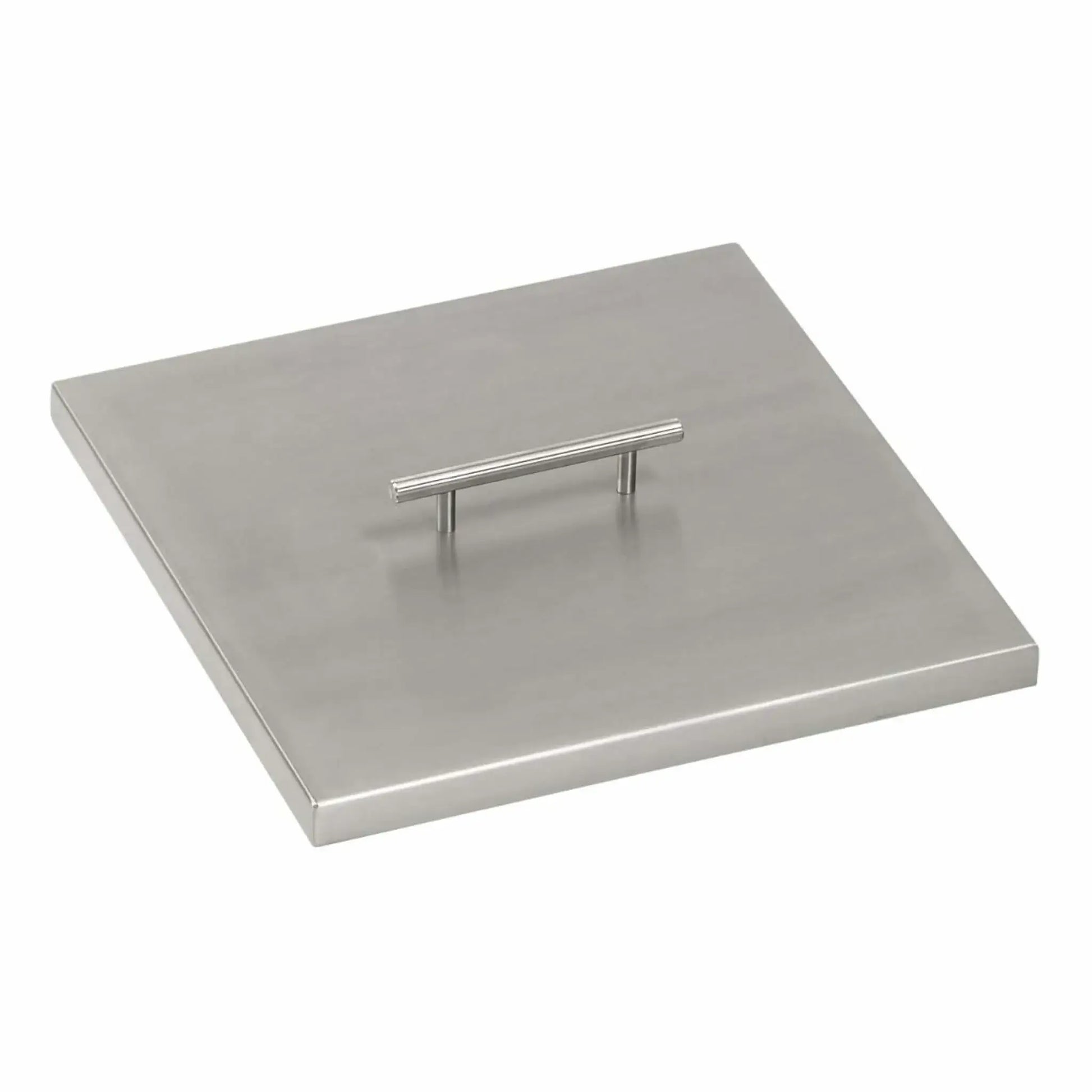 Square stainless steel fire pit burner cover with a smooth brushed finish and centered lift handle, designed to protect the burner pan from debris, weather, and moisture when not in use.