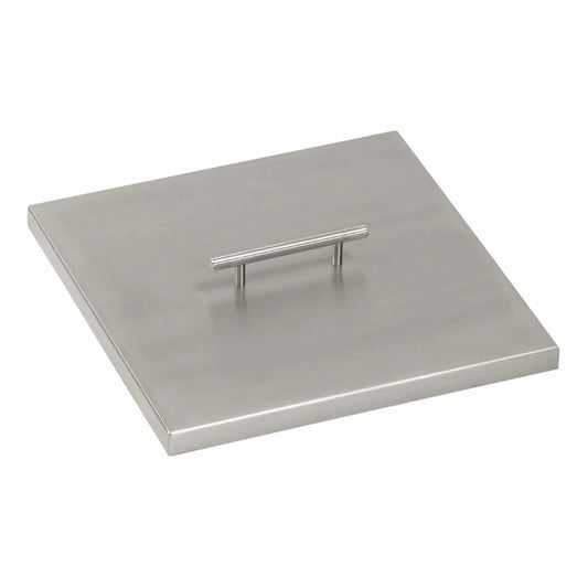 Square stainless steel fire pit burner cover with a smooth brushed finish and centered lift handle, designed to protect the burner pan from debris, weather, and moisture when not in use.