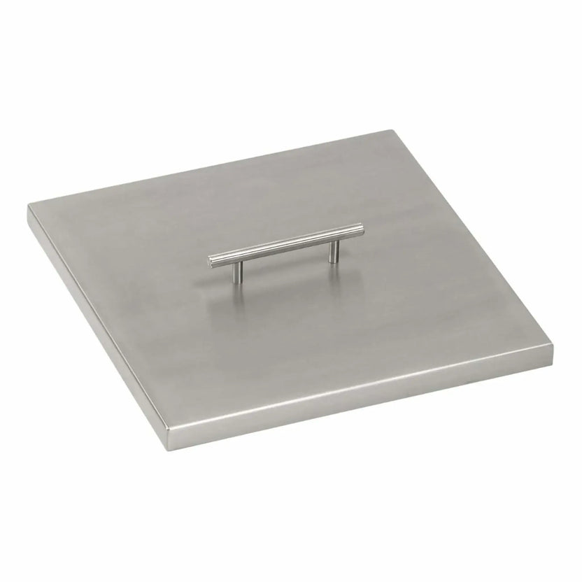 Square stainless steel fire pit burner cover with a smooth brushed finish and centered lift handle, designed to protect the burner pan from debris, weather, and moisture when not in use.