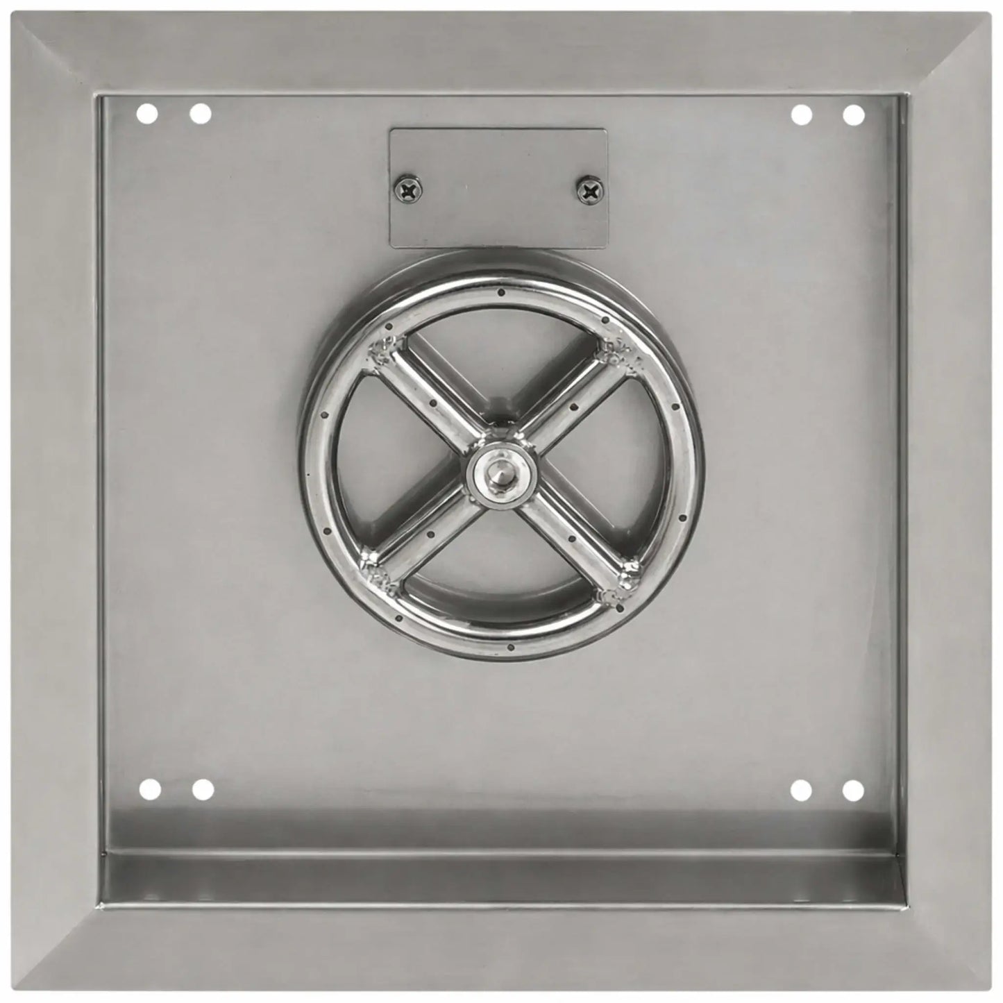 Top-down view of a square stainless steel fire pit burner pan showing a centered round burner ring with cross supports. The pan includes clean welded seams, mounting holes in each corner, and a smooth interior basin for fire glass or lava rock.