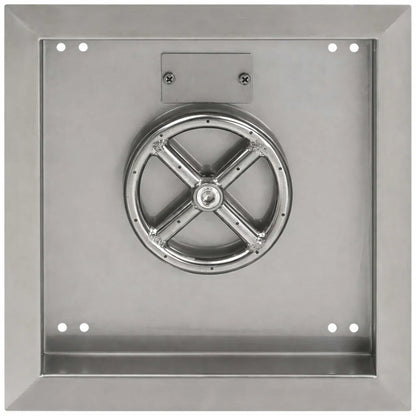 Top-down view of a square stainless steel fire pit burner pan showing a centered round burner ring with cross supports. The pan includes clean welded seams, mounting holes in each corner, and a smooth interior basin for fire glass or lava rock.