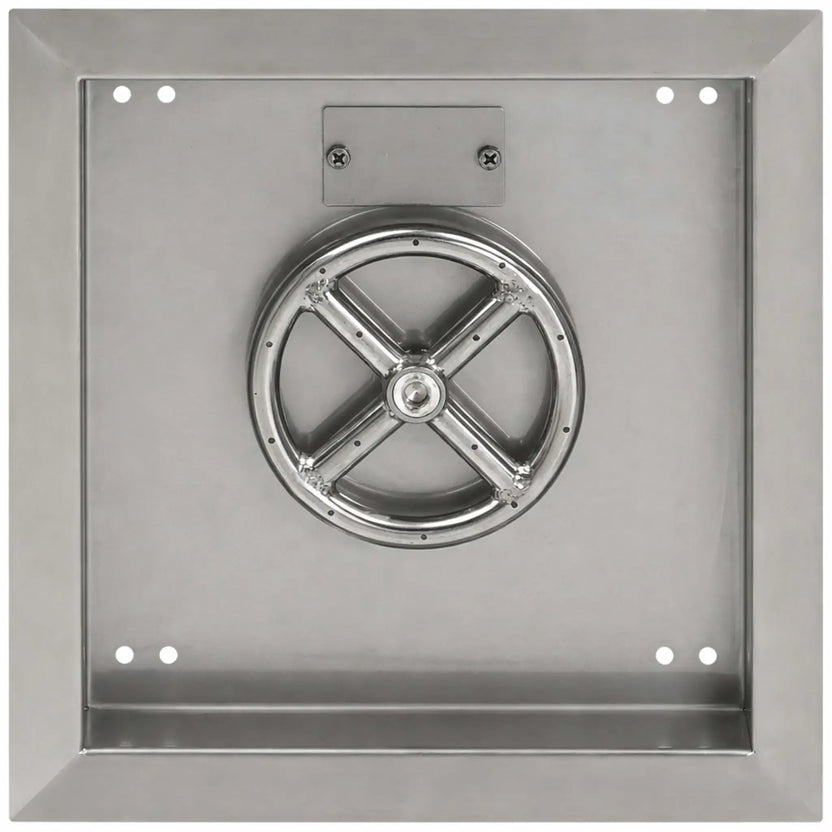 Top-down view of a square stainless steel fire pit burner pan showing a centered round burner ring with cross supports. The pan includes clean welded seams, mounting holes in each corner, and a smooth interior basin for fire glass or lava rock.