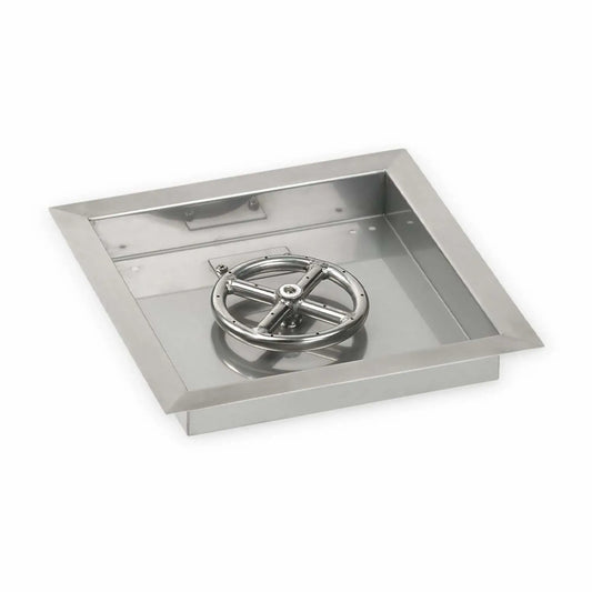 Square stainless steel drop-in fire pit burner pan with a compact circular burner ring centered inside the pan. Features a brushed stainless finish, raised flanged edges for drop-in installation, and precision-drilled burner ports designed for small custom fire pit applications.