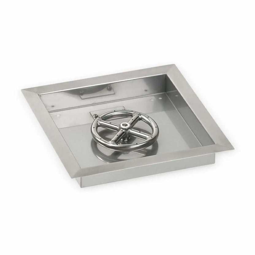 Square stainless steel drop-in fire pit burner pan with a compact circular burner ring centered inside the pan. Features a brushed stainless finish, raised flanged edges for drop-in installation, and precision-drilled burner ports designed for small custom fire pit applications.