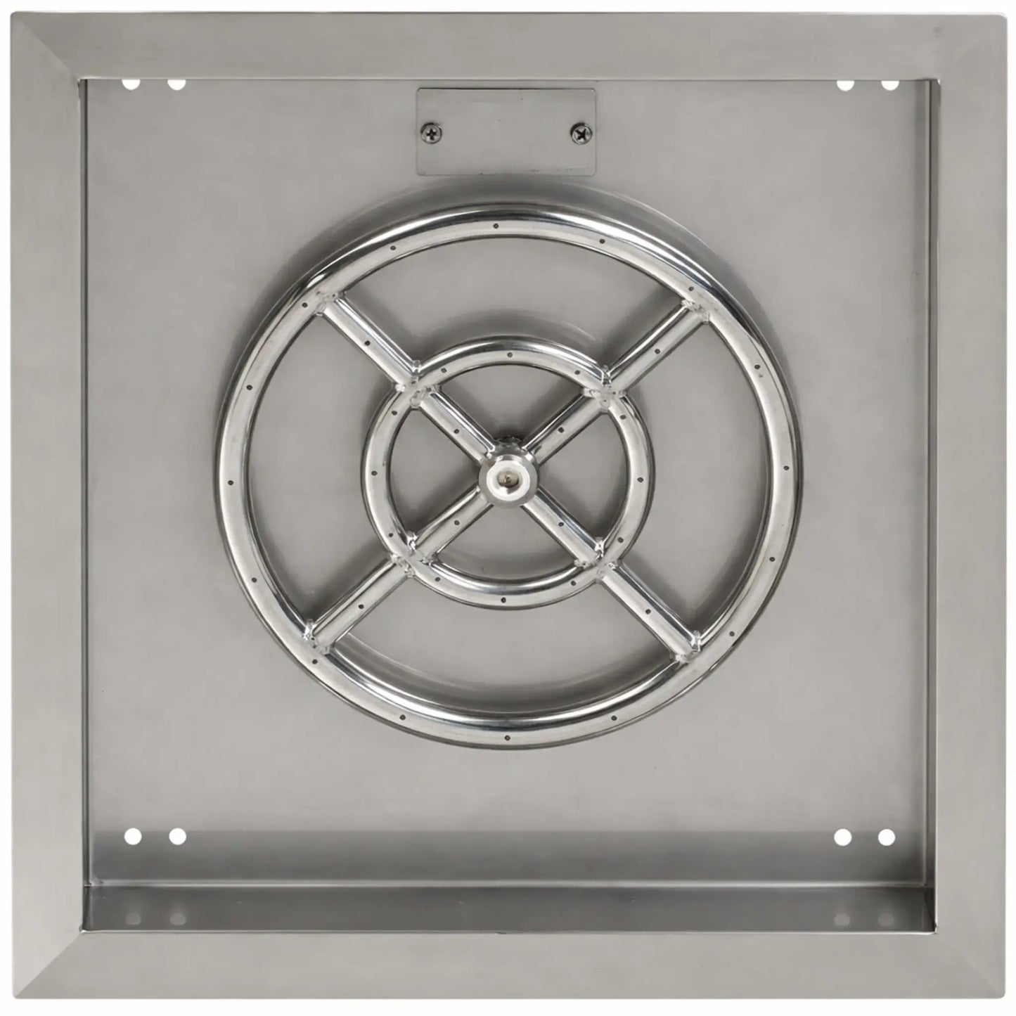 Overhead view of a square stainless steel fire pit burner pan highlighting the round burner ring and internal cross supports. The stainless pan includes corner mounting holes and a recessed interior designed to hold decorative fire media.