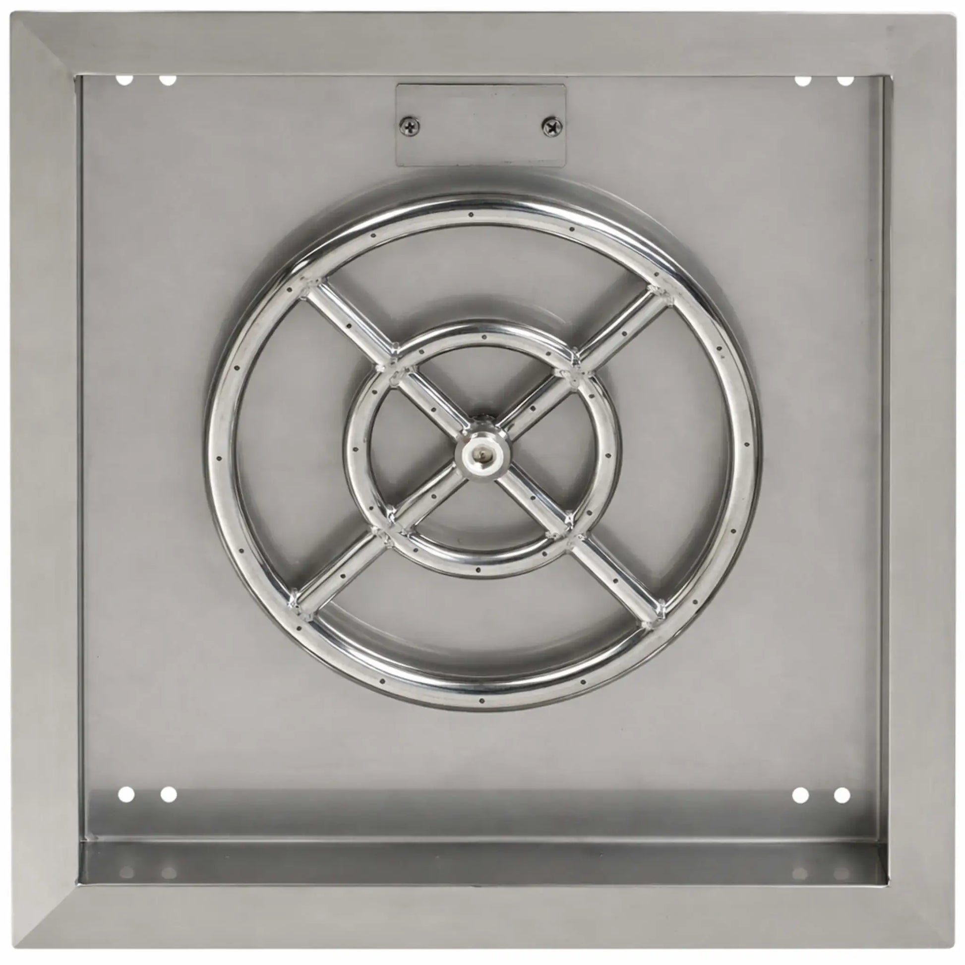 Overhead view of a square stainless steel fire pit burner pan highlighting the round burner ring and internal cross supports. The stainless pan includes corner mounting holes and a recessed interior designed to hold decorative fire media.