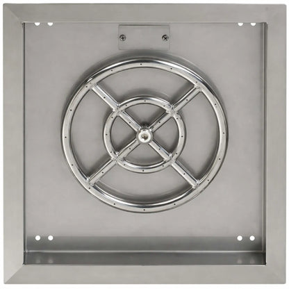 Overhead view of a square stainless steel fire pit burner pan highlighting the round burner ring and internal cross supports. The stainless pan includes corner mounting holes and a recessed interior designed to hold decorative fire media.