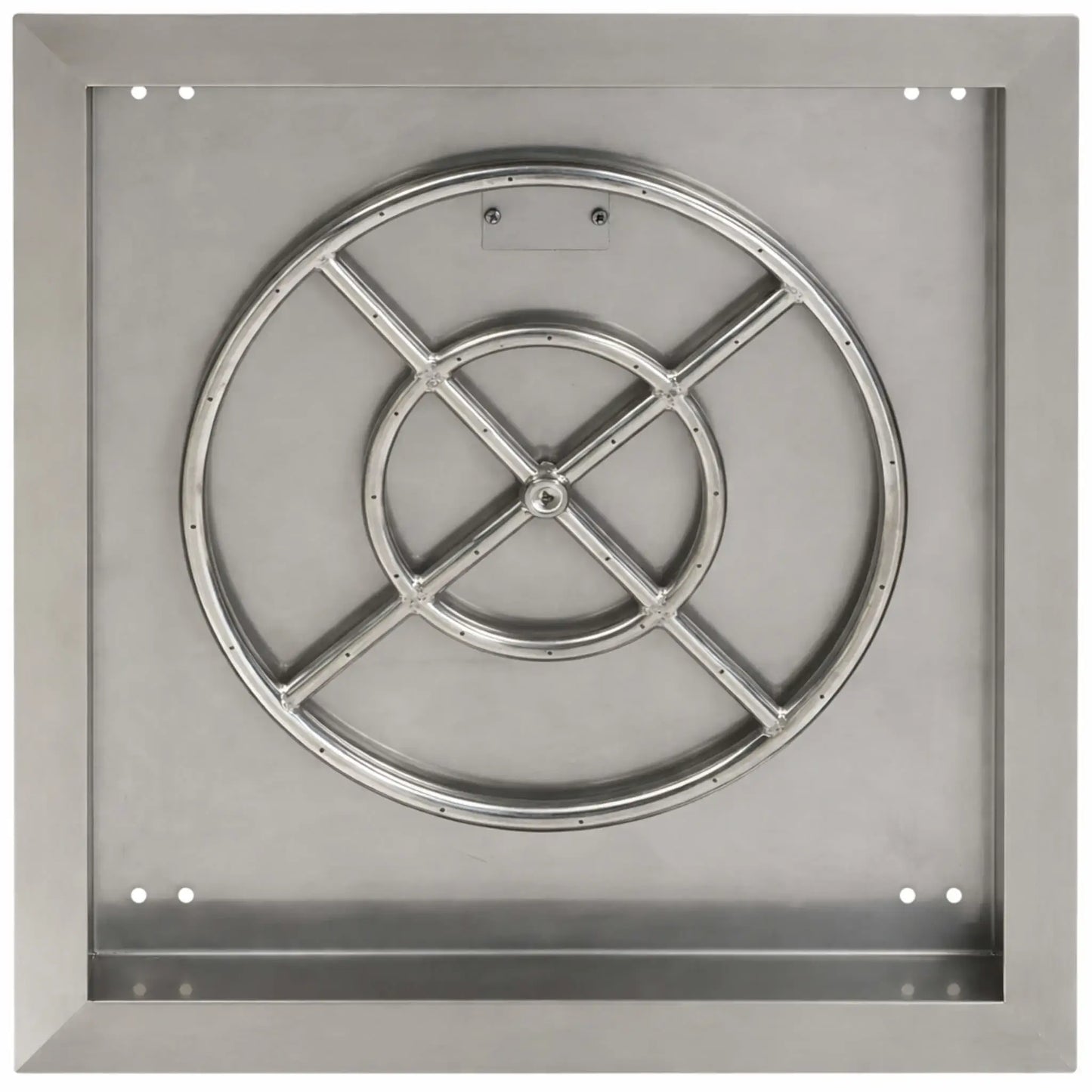 Top view of a square stainless steel fire pit burner pan with a circular burner ring and reinforced cross bars. The smooth stainless surface and precision burner ports provide even flame distribution across the fire pit.