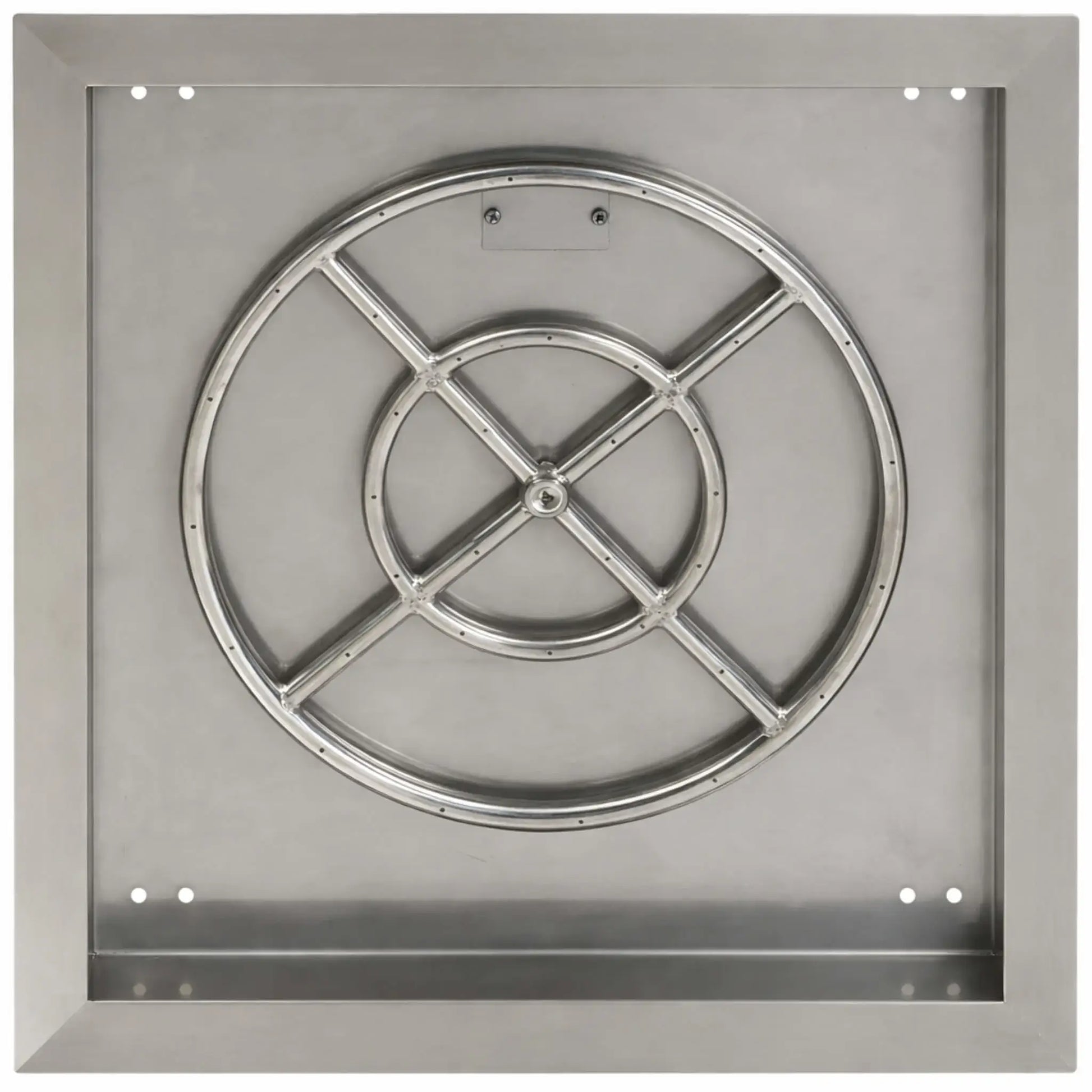 Top view of a square stainless steel fire pit burner pan with a circular burner ring and reinforced cross bars. The smooth stainless surface and precision burner ports provide even flame distribution across the fire pit.