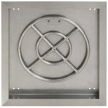 Top view of a square stainless steel fire pit burner pan with a circular burner ring and reinforced cross bars. The smooth stainless surface and precision burner ports provide even flame distribution across the fire pit.