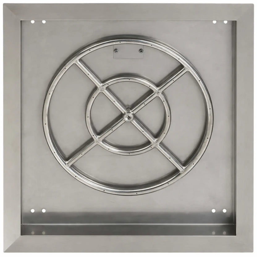 Top view of a square stainless steel fire pit burner pan with a circular burner ring and reinforced cross bars. The smooth stainless surface and precision burner ports provide even flame distribution across the fire pit.