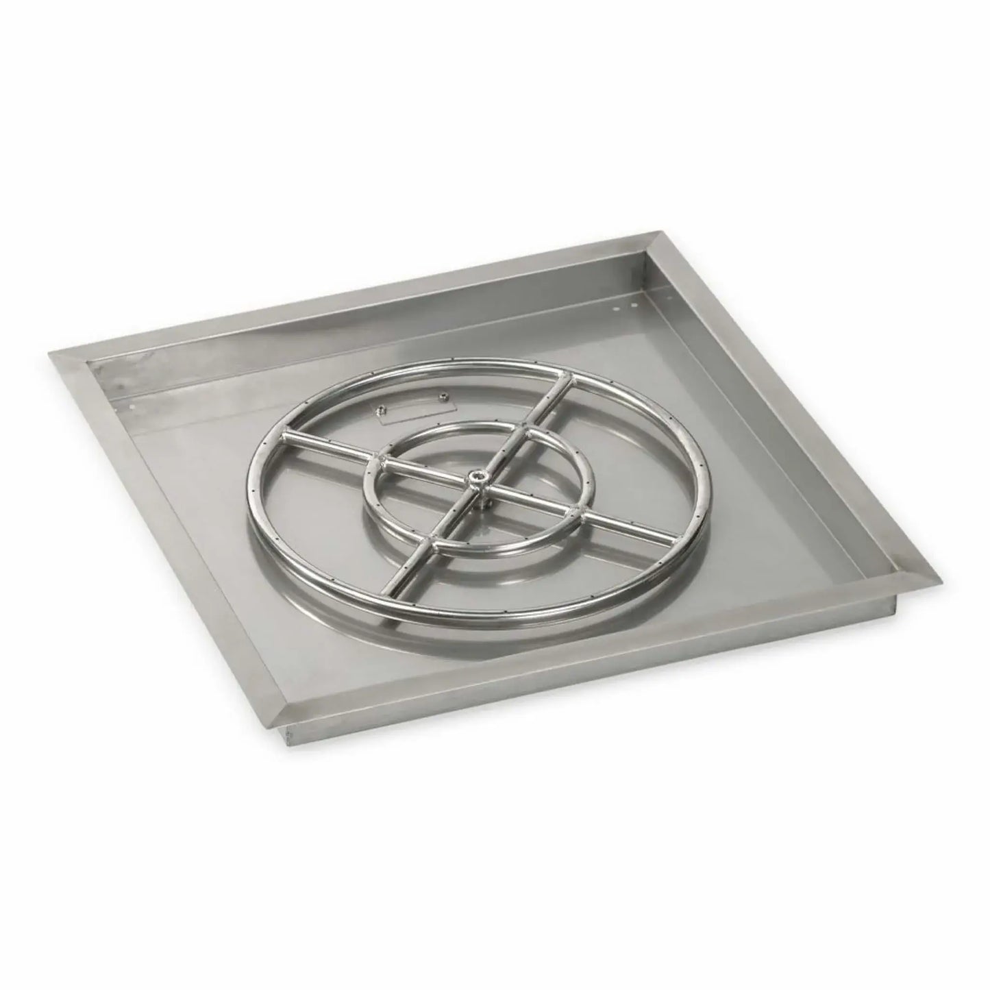 Square stainless steel drop-in burner pan featuring a wide circular burner ring centered within a brushed stainless basin. The pan has flanged edges for secure installation and a durable construction intended for medium-sized outdoor fire pits.