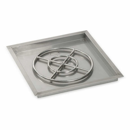 Square stainless steel drop-in burner pan featuring a wide circular burner ring centered within a brushed stainless basin. The pan has flanged edges for secure installation and a durable construction intended for medium-sized outdoor fire pits.