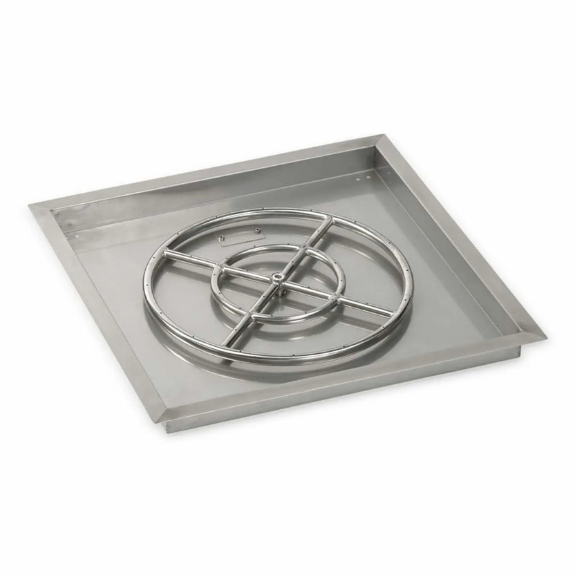 Square stainless steel drop-in burner pan featuring a wide circular burner ring centered within a brushed stainless basin. The pan has flanged edges for secure installation and a durable construction intended for medium-sized outdoor fire pits.