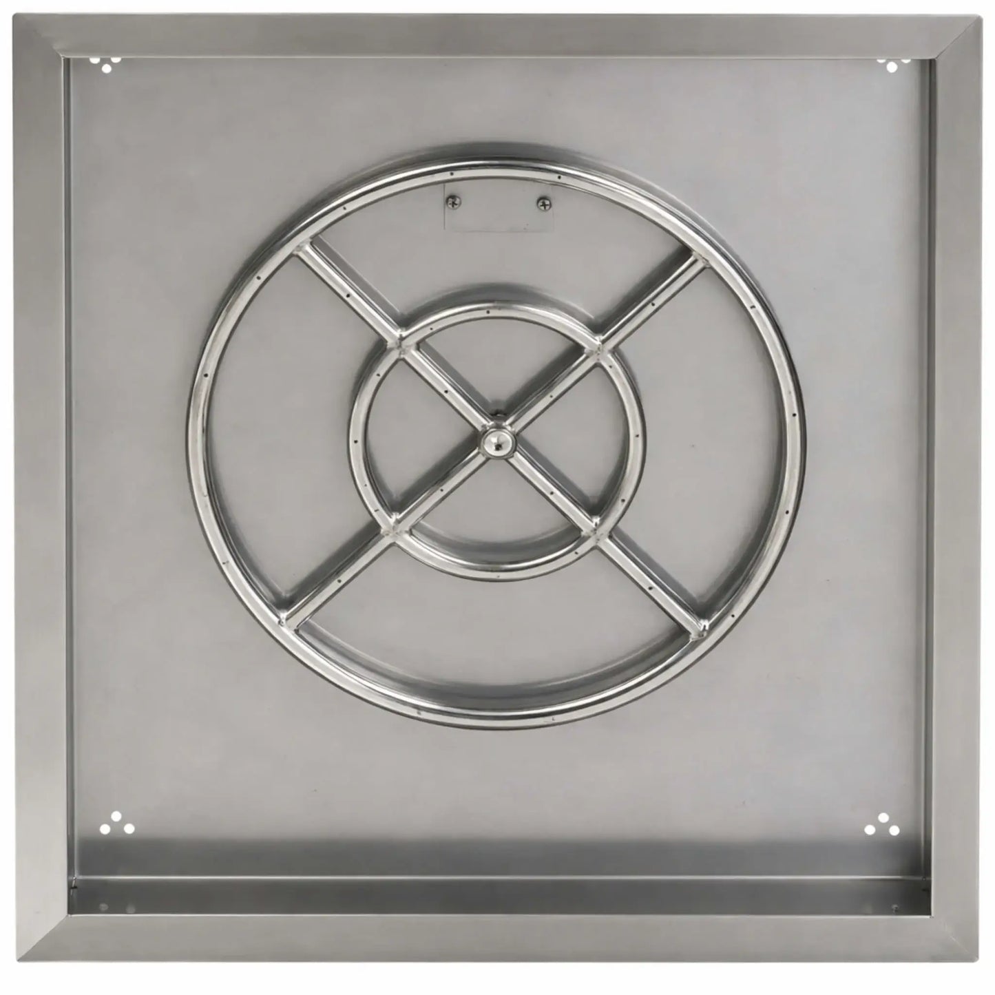 Overhead perspective of a square stainless steel fire pit burner pan showing the round burner ring with cross supports and evenly spaced flame ports. The pan’s flat interior and flanged rim allow for easy drop-in installation.