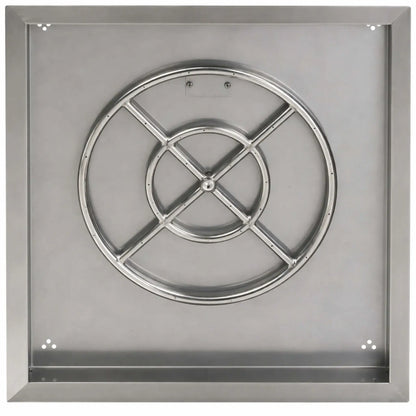 Overhead perspective of a square stainless steel fire pit burner pan showing the round burner ring with cross supports and evenly spaced flame ports. The pan’s flat interior and flanged rim allow for easy drop-in installation.