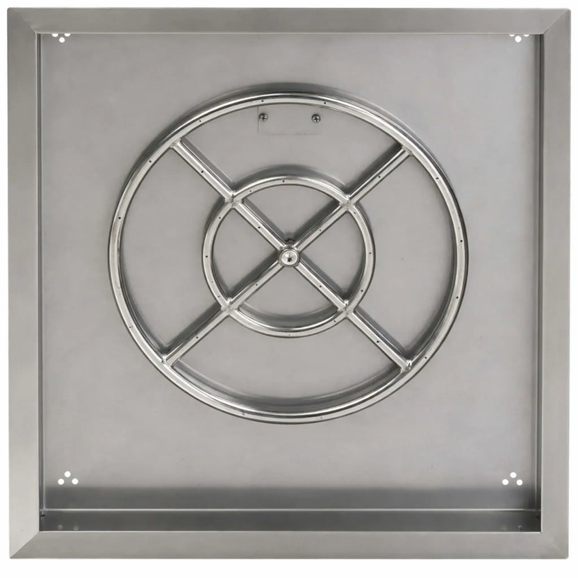 Overhead perspective of a square stainless steel fire pit burner pan showing the round burner ring with cross supports and evenly spaced flame ports. The pan’s flat interior and flanged rim allow for easy drop-in installation.