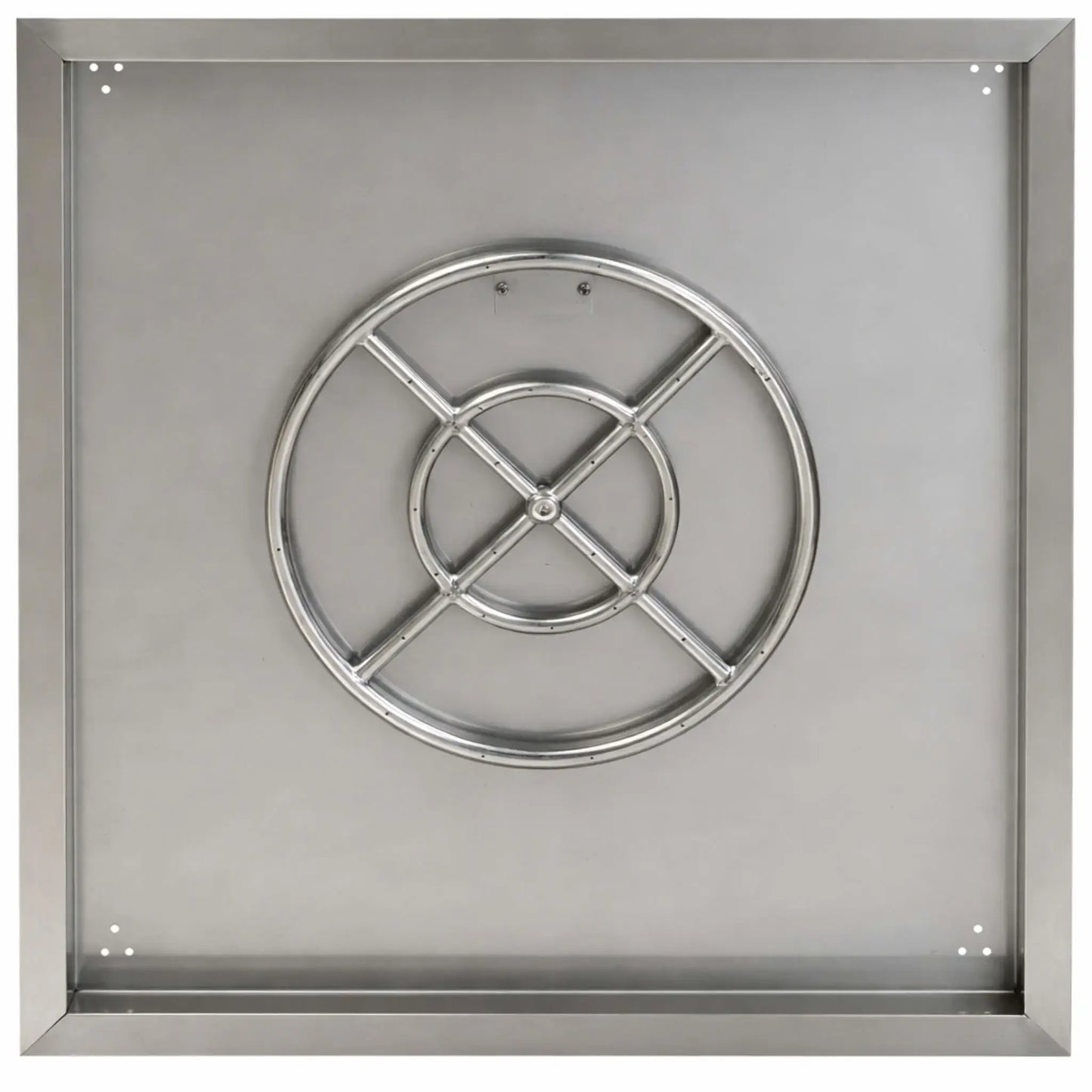 Top-down view of a large square stainless steel fire pit burner pan highlighting the centered circular burner ring and reinforced cross bars. The pan includes corner mounting holes and a spacious basin for decorative fire media and consistent flame output.