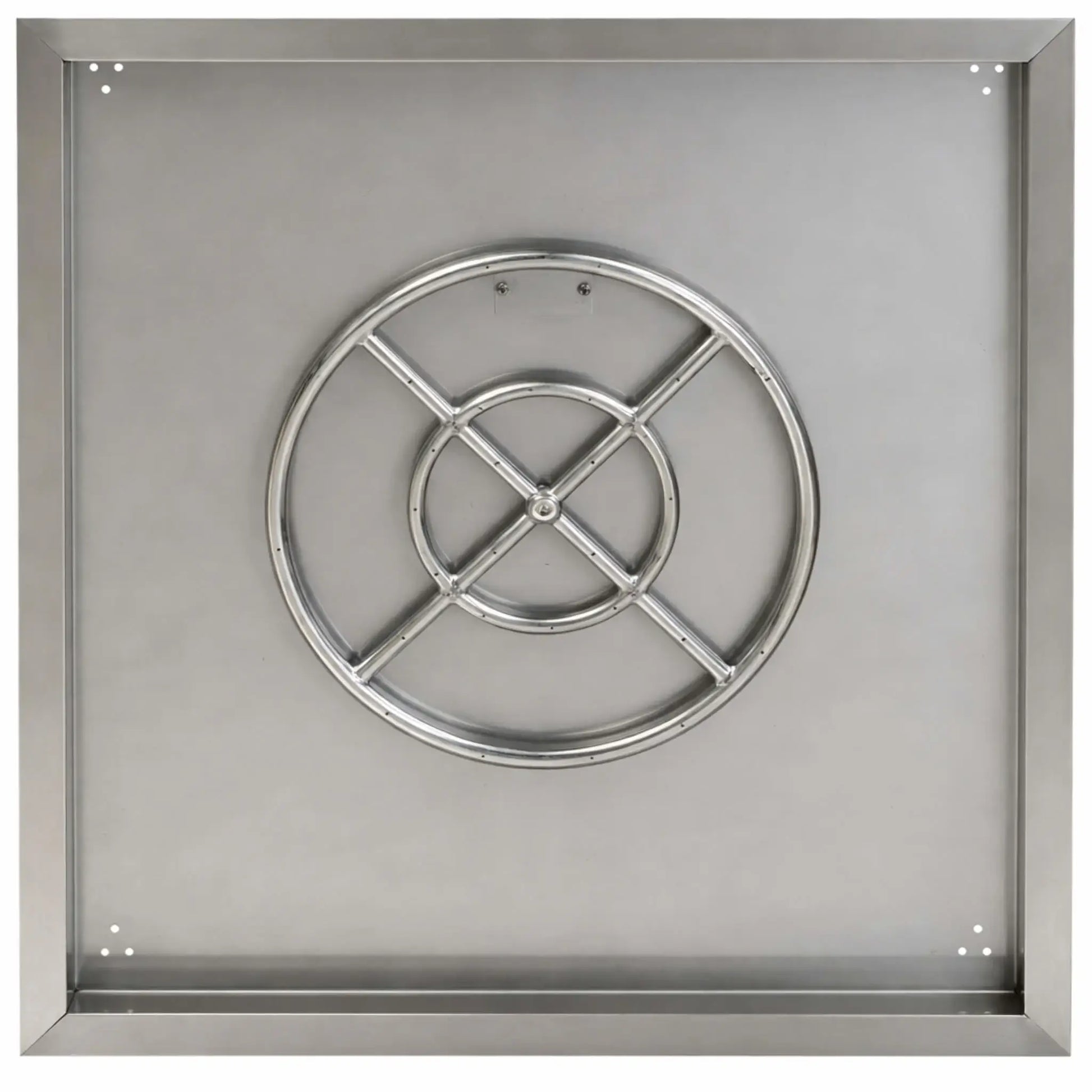 Top-down view of a large square stainless steel fire pit burner pan highlighting the centered circular burner ring and reinforced cross bars. The pan includes corner mounting holes and a spacious basin for decorative fire media and consistent flame output.