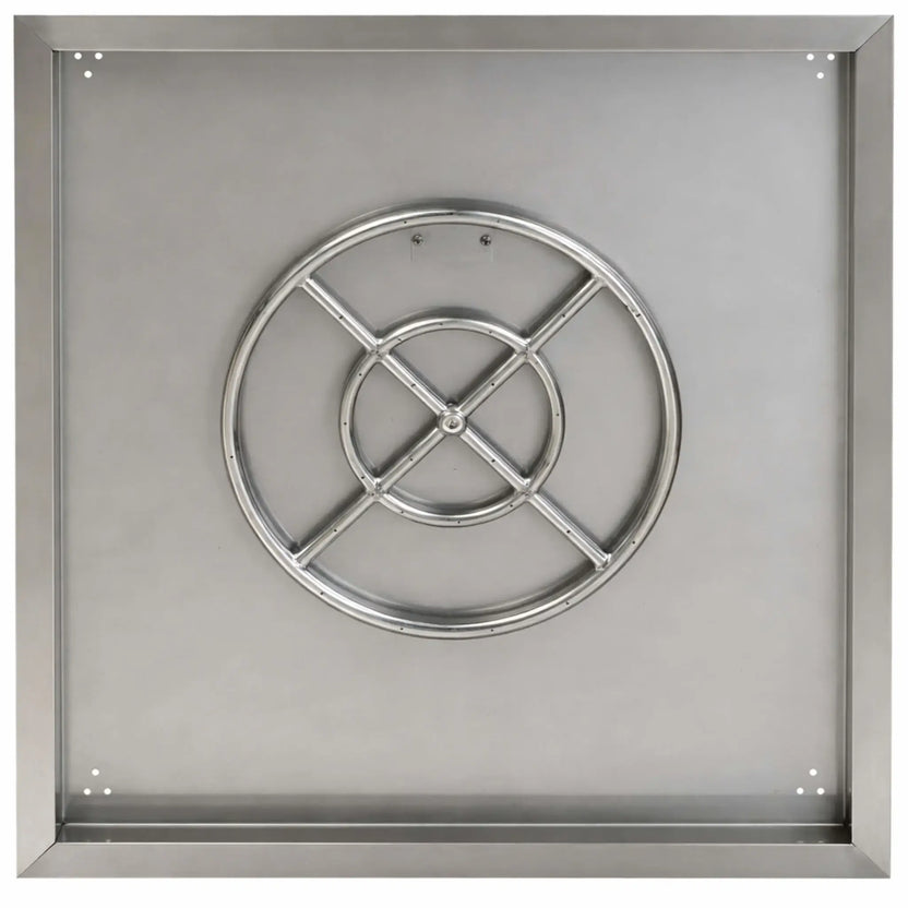 Top-down view of a large square stainless steel fire pit burner pan highlighting the centered circular burner ring and reinforced cross bars. The pan includes corner mounting holes and a spacious basin for decorative fire media and consistent flame output.