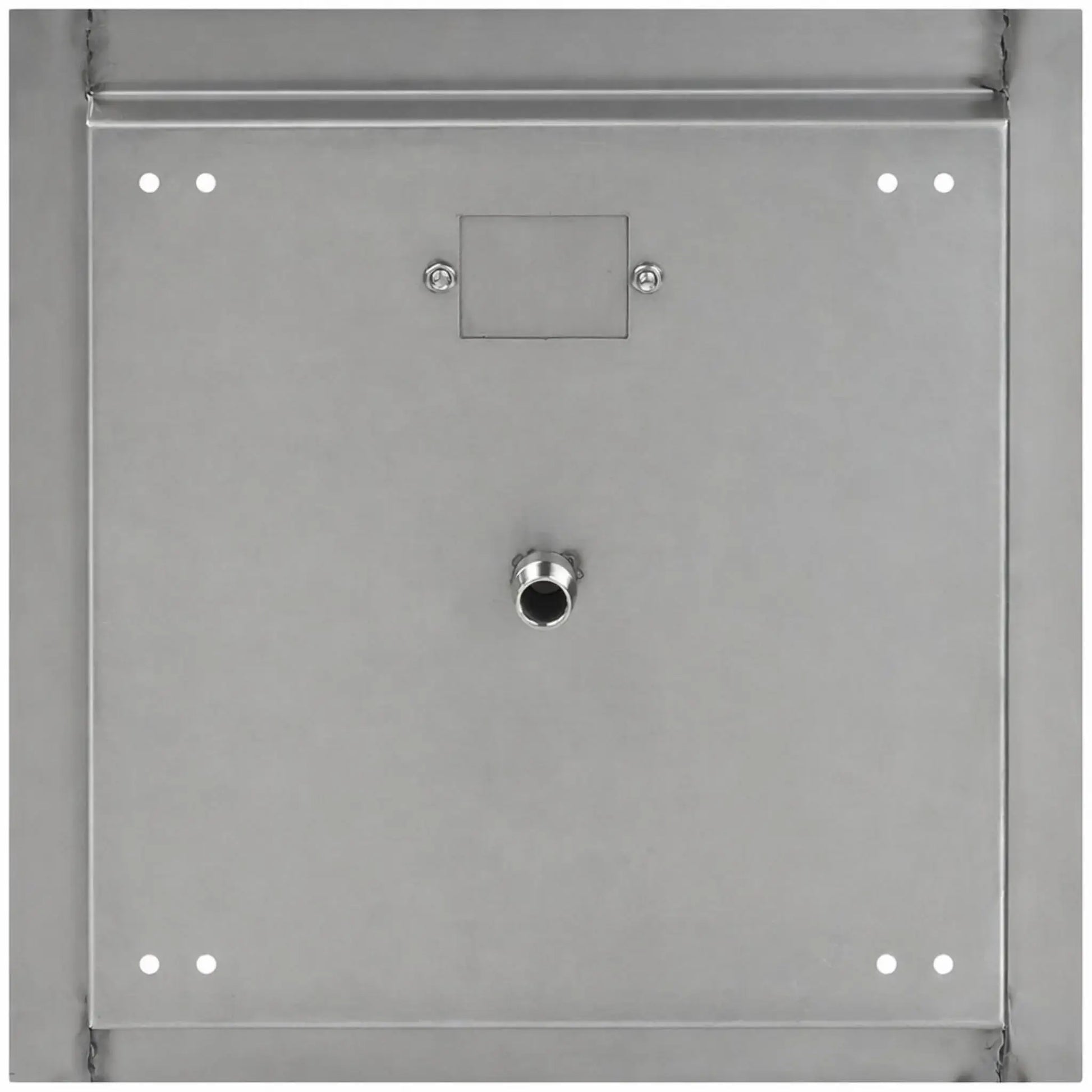 Bottom view of a square stainless steel drop-in fire pit burner pan showing the flat welded base, centered threaded gas inlet connection, reinforced edges, access plate secured with screws, and pre-drilled mounting holes at each corner for stable outdoor installation.