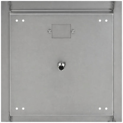 Bottom view of a square stainless steel drop-in fire pit burner pan showing the flat welded base, centered threaded gas inlet connection, reinforced edges, access plate secured with screws, and pre-drilled mounting holes at each corner for stable outdoor installation.