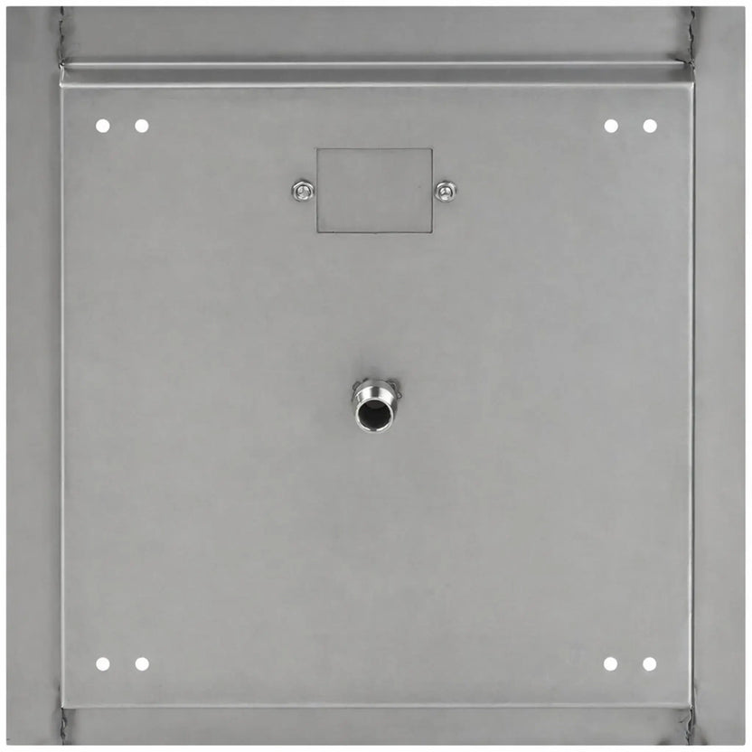 Bottom view of a square stainless steel drop-in fire pit burner pan showing the flat welded base, centered threaded gas inlet connection, reinforced edges, access plate secured with screws, and pre-drilled mounting holes at each corner for stable outdoor installation.