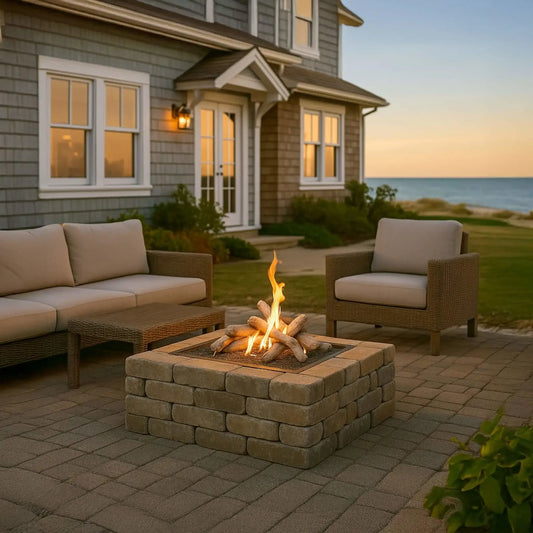 Square stone fire pit with stainless steel drop-in burner pan and realistic gas logs, surrounded by outdoor lounge seating in a coastal-style backyard patio at sunset.