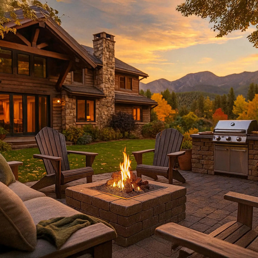 Outdoor square fire pit featuring a stainless steel burner pan with gas logs, set on a paved patio with Adirondack chairs and a mountain lodge-style home in the background.