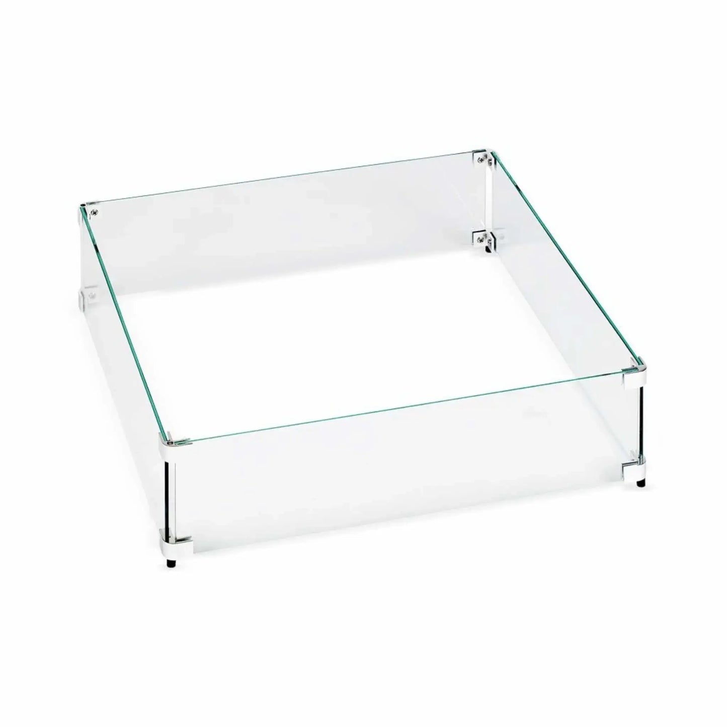 Square tempered glass fire pit wind guard shown in multiple size options, featuring clear glass panels with polished metal corner brackets designed to protect flames while maintaining full visibility.