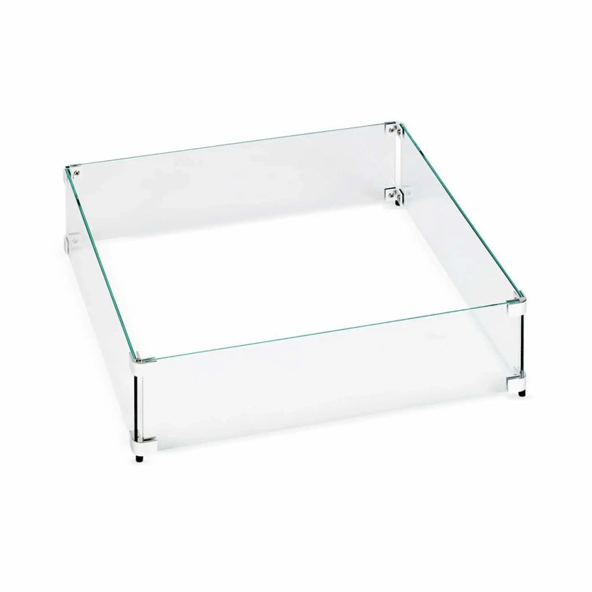Square tempered glass fire pit wind guard shown in multiple size options, featuring clear glass panels with polished metal corner brackets designed to protect flames while maintaining full visibility.