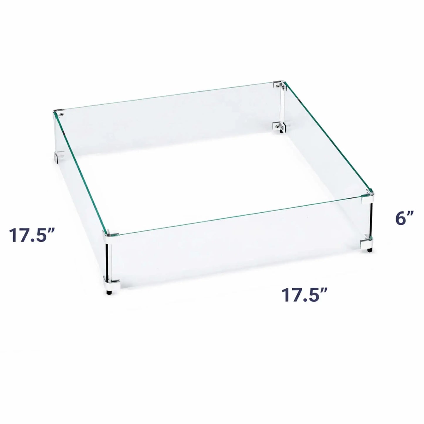 17.5-inch square tempered glass wind guard with 6-inch height, constructed from clear heat-resistant glass panels secured by stainless steel mounting hardware on a white background.