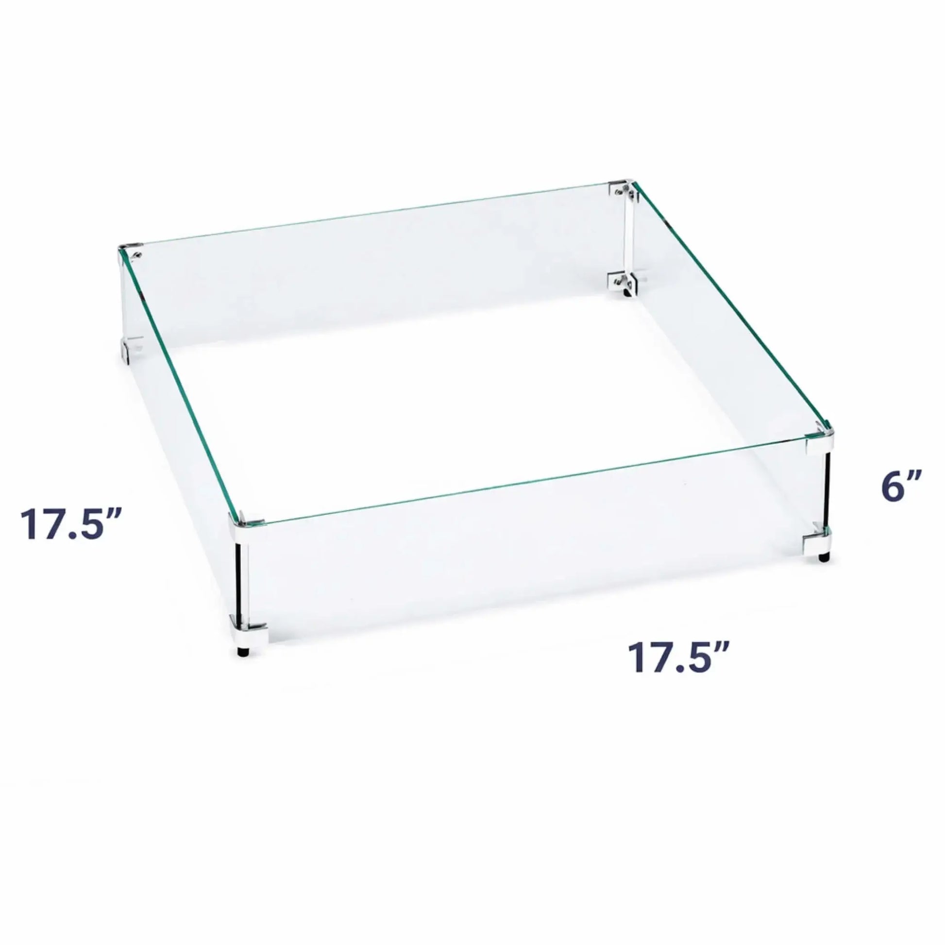 17.5-inch square tempered glass wind guard with 6-inch height, constructed from clear heat-resistant glass panels secured by stainless steel mounting hardware on a white background.