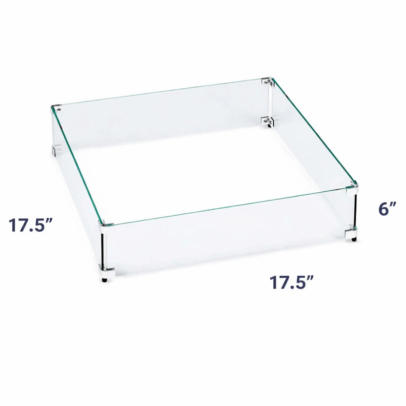 17.5-inch square tempered glass wind guard with 6-inch height, constructed from clear heat-resistant glass panels secured by stainless steel mounting hardware on a white background.