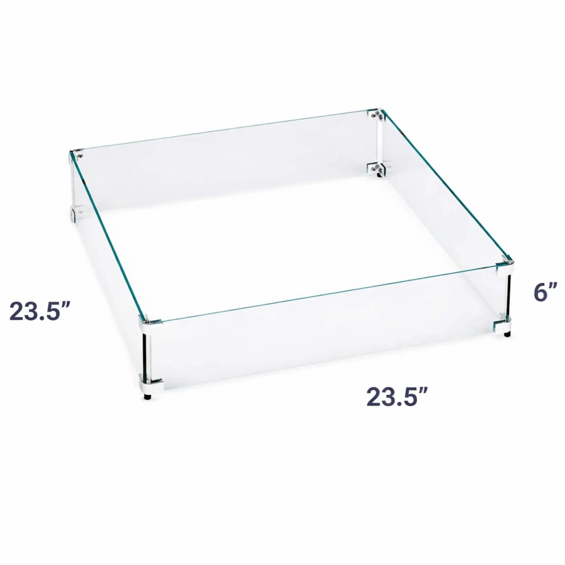 Square fire pit glass wind guard measuring 23.5 by 23.5 inches with a 6-inch height, showcasing transparent tempered glass panels and clean, modern corner connectors.