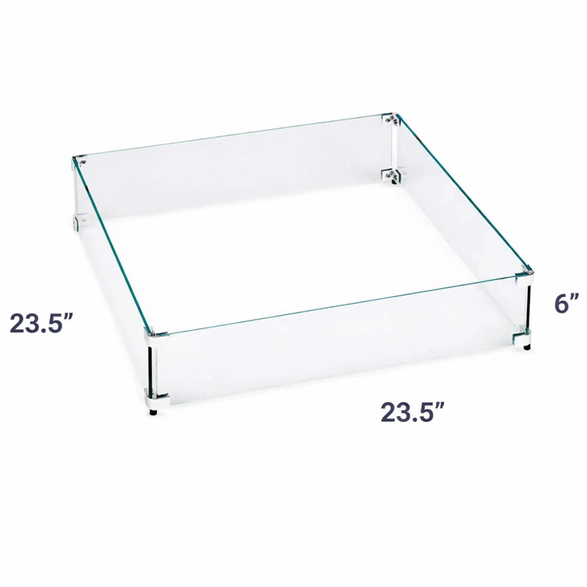 Square fire pit glass wind guard measuring 23.5 by 23.5 inches with a 6-inch height, showcasing transparent tempered glass panels and clean, modern corner connectors.