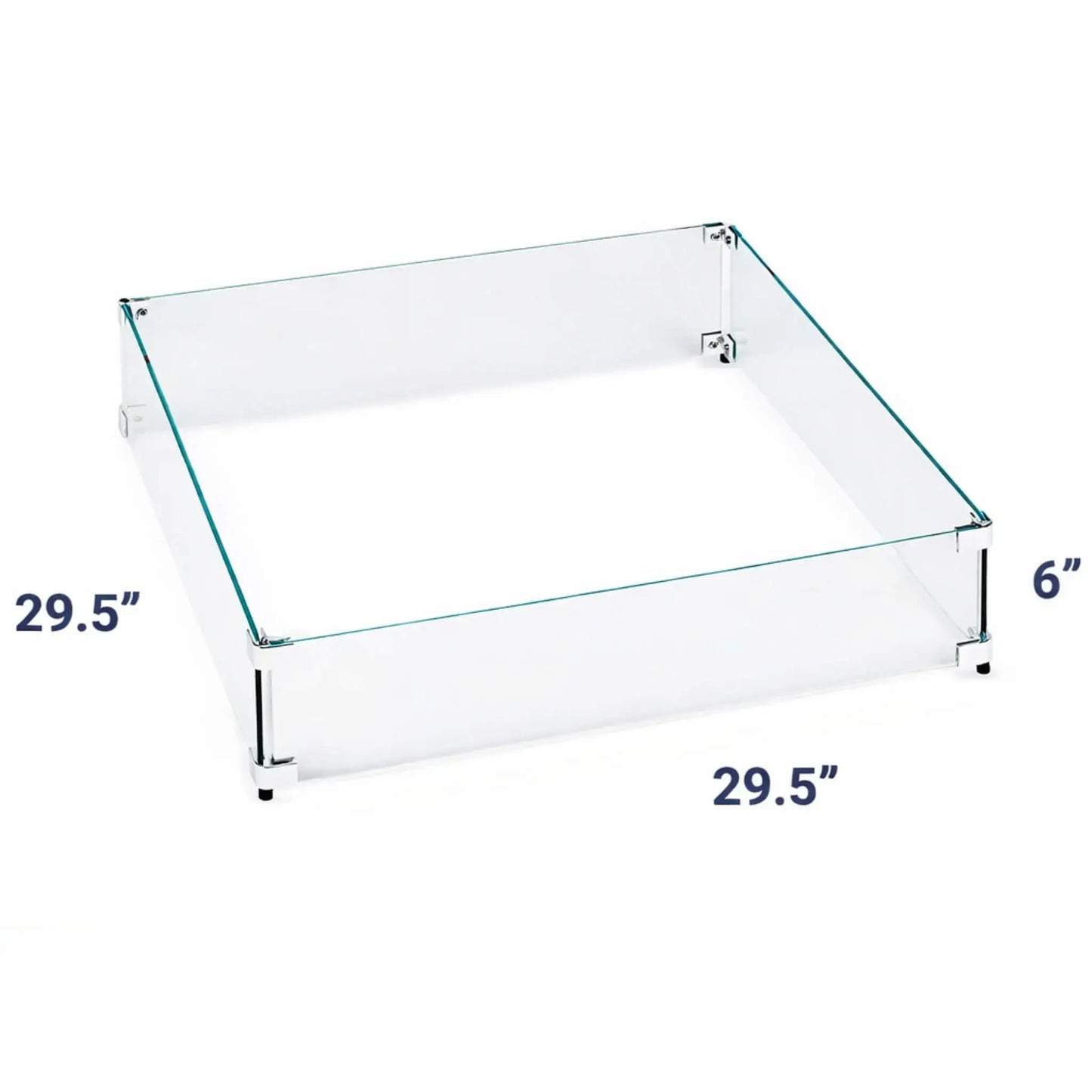 29.5-inch square tempered glass wind guard designed for outdoor fire pits, featuring clear glass sides and metal brackets that provide wind protection without blocking the flame view.
