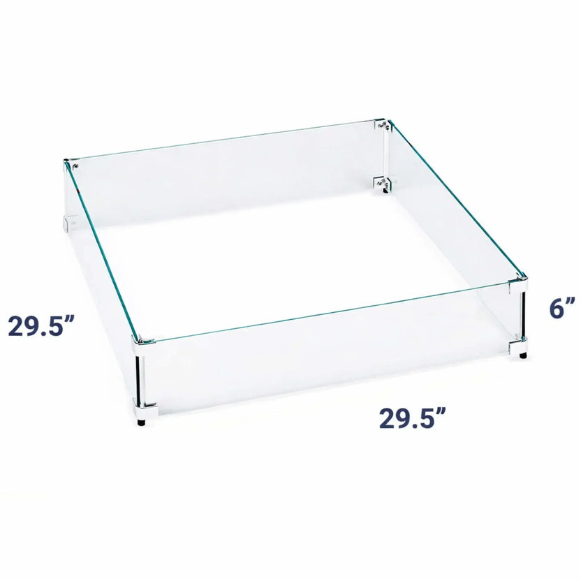 29.5-inch square tempered glass wind guard designed for outdoor fire pits, featuring clear glass sides and metal brackets that provide wind protection without blocking the flame view.