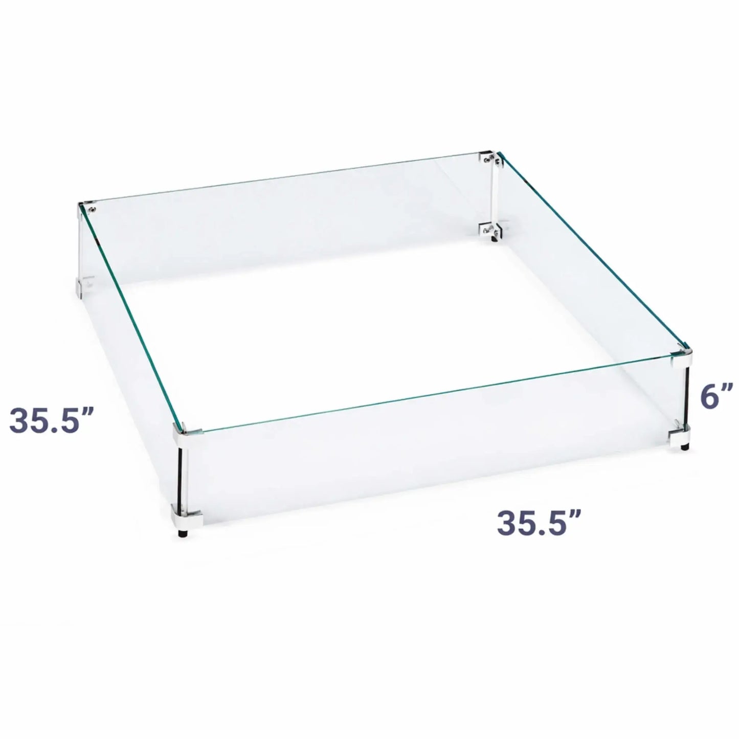 Large square glass wind guard measuring 35.5 inches wide and 6 inches tall, built with thick tempered glass panels and discreet mounting hardware for fire pit installations.