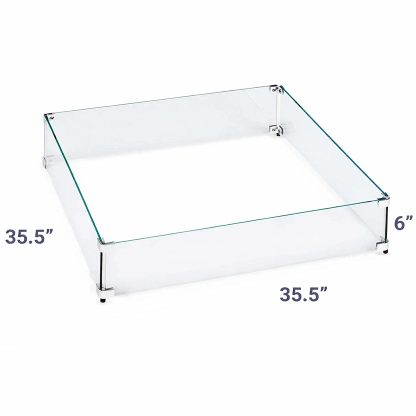 Large square glass wind guard measuring 35.5 inches wide and 6 inches tall, built with thick tempered glass panels and discreet mounting hardware for fire pit installations.
