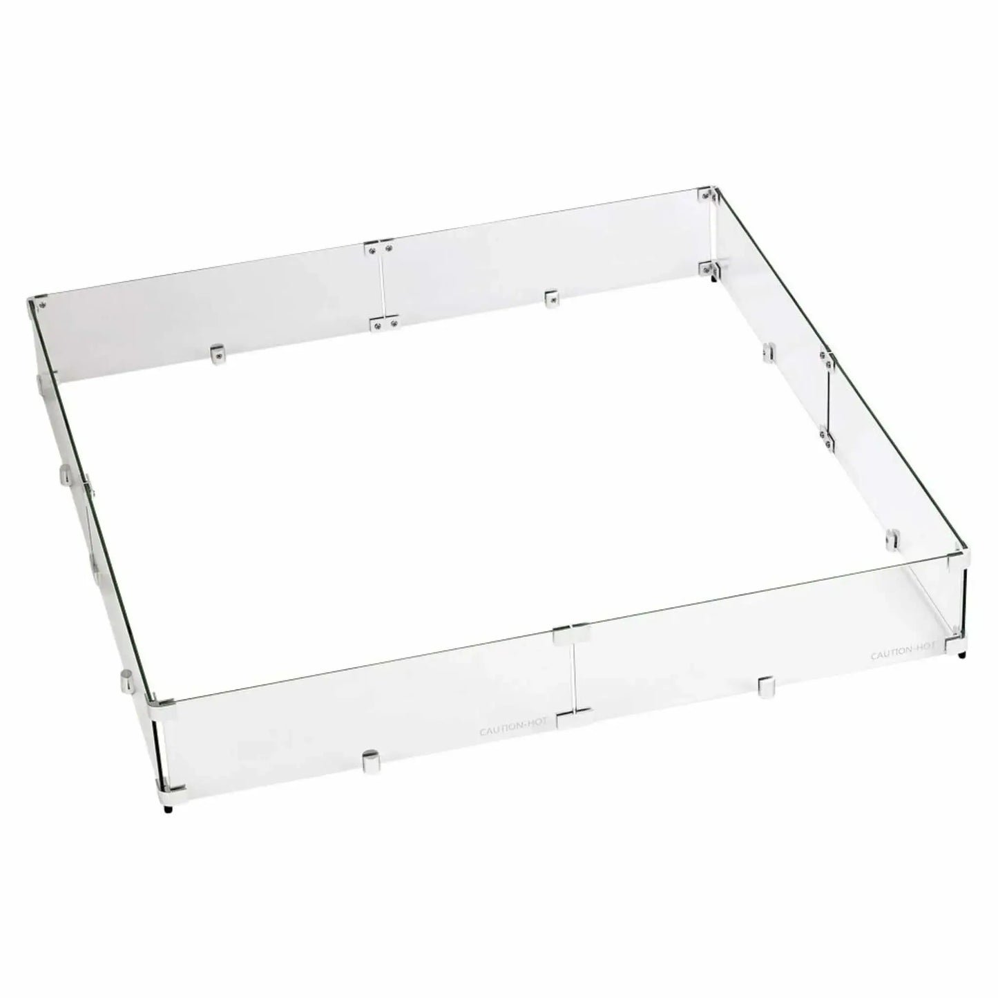 36-inch square tempered glass wind guard for fire pits, displaying a clear, frameless design with polished metal fasteners that help stabilize flames in windy outdoor settings.
