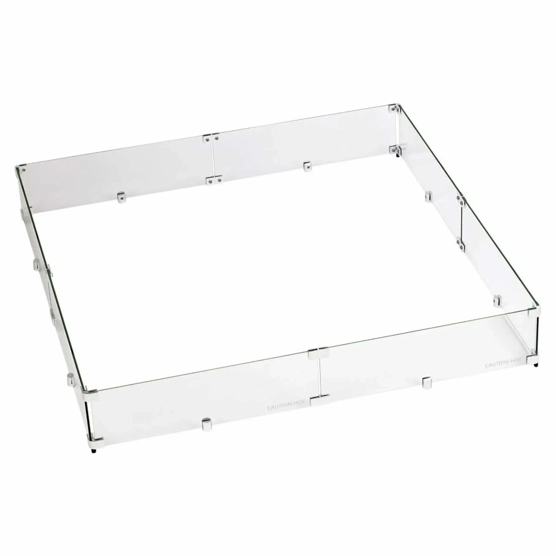 36-inch square tempered glass wind guard for fire pits, displaying a clear, frameless design with polished metal fasteners that help stabilize flames in windy outdoor settings.