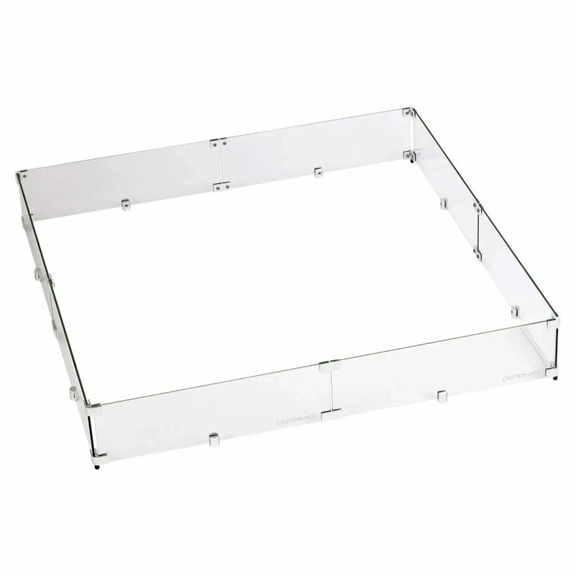 36-inch square tempered glass wind guard for fire pits, displaying a clear, frameless design with polished metal fasteners that help stabilize flames in windy outdoor settings.