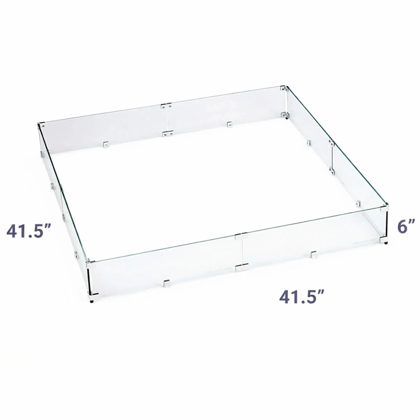 Extra-large 41.5-inch square glass wind guard with 6-inch height, made from transparent tempered glass panels engineered to shield fire pit flames while enhancing safety.