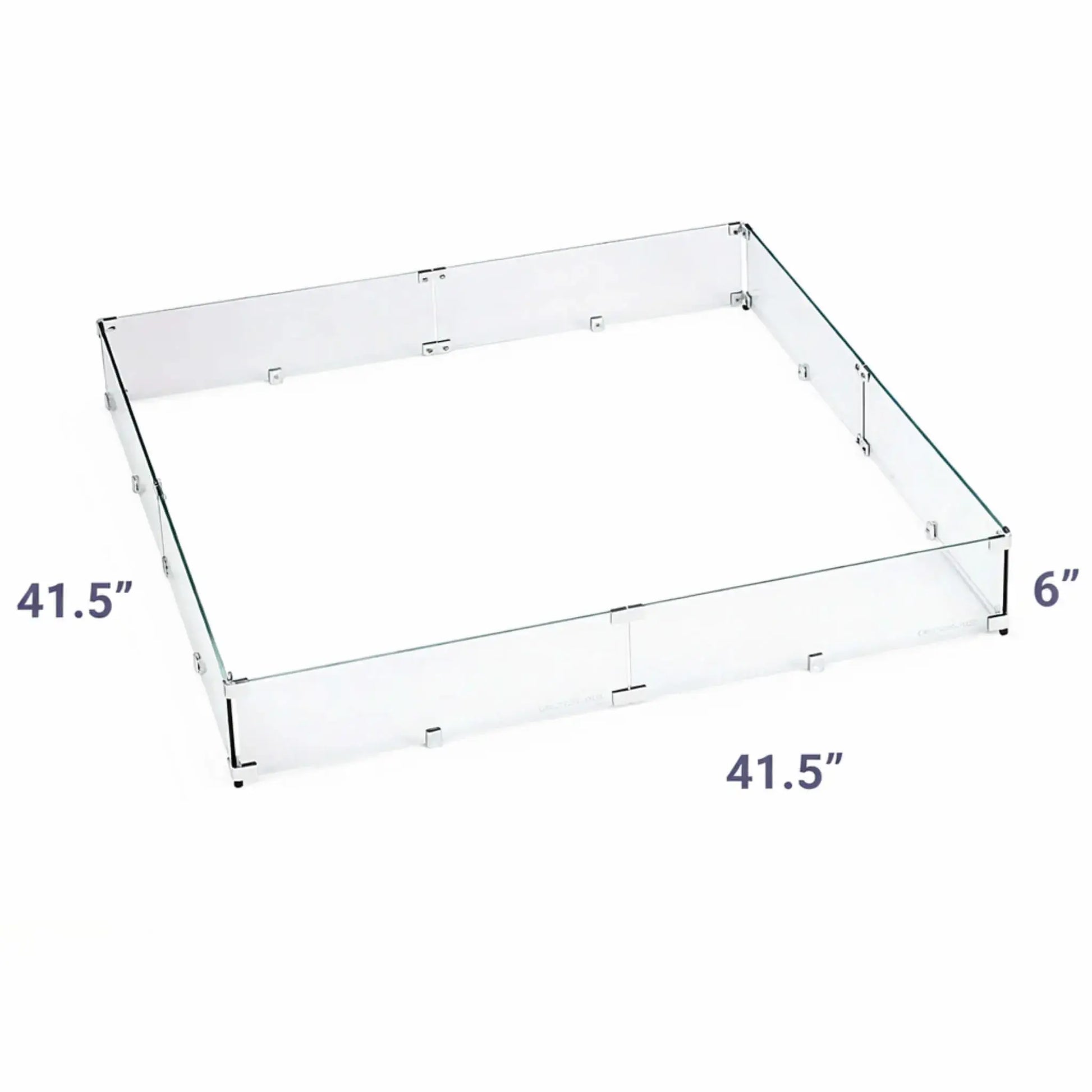Extra-large 41.5-inch square glass wind guard with 6-inch height, made from transparent tempered glass panels engineered to shield fire pit flames while enhancing safety.