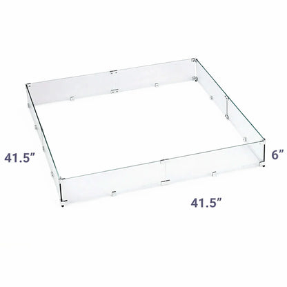 Extra-large 41.5-inch square glass wind guard with 6-inch height, made from transparent tempered glass panels engineered to shield fire pit flames while enhancing safety.