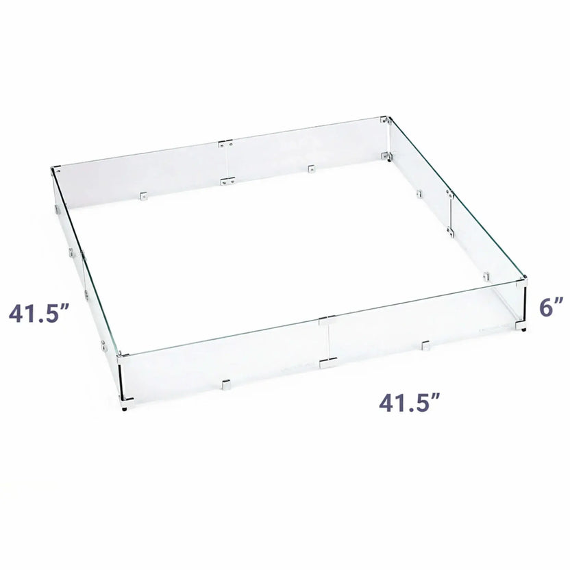 Extra-large 41.5-inch square glass wind guard with 6-inch height, made from transparent tempered glass panels engineered to shield fire pit flames while enhancing safety.